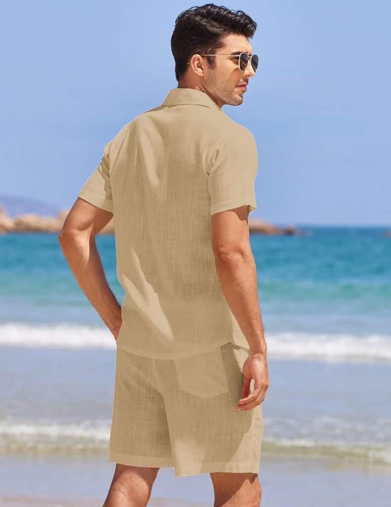 COOFANDY Men 2 Piece Linen Set Casual Short Sleeve Shirt and Short Beach Set