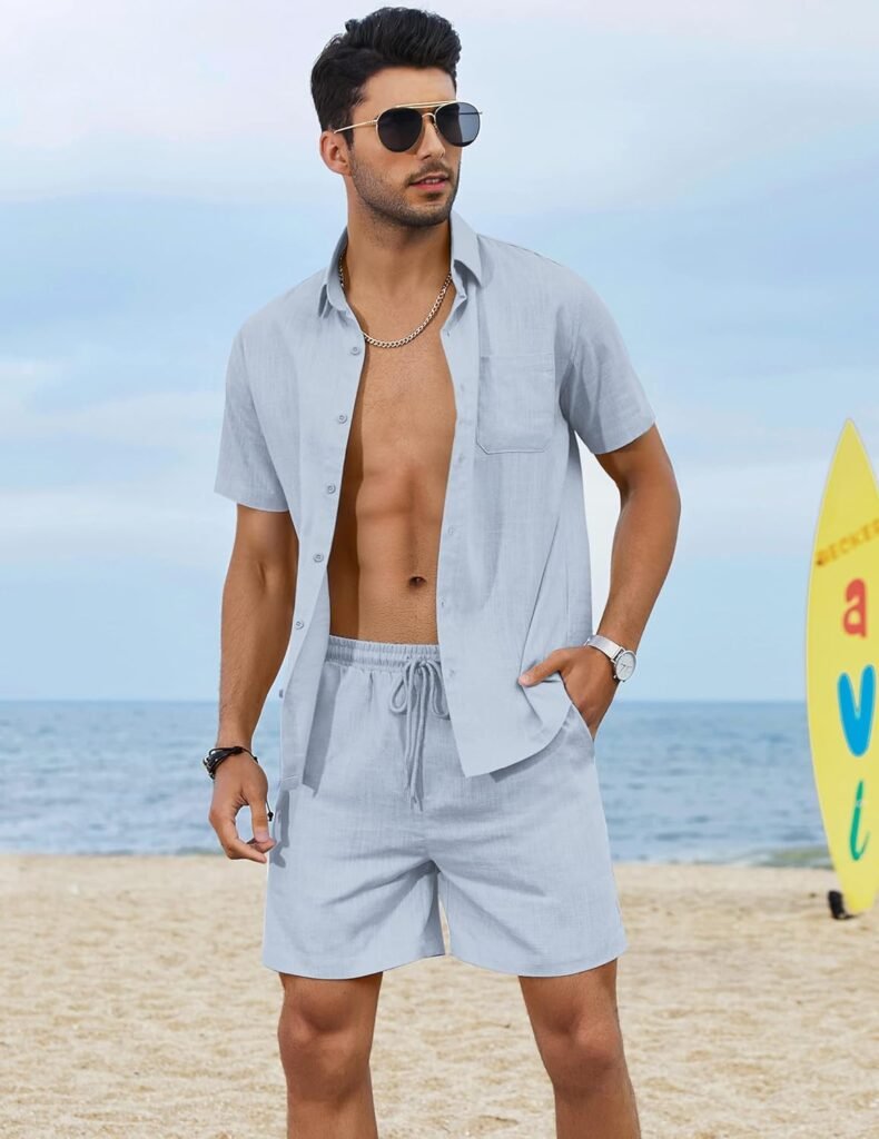 COOFANDY Men 2 Piece Linen Set Casual Short Sleeve Shirt and Short Beach Set