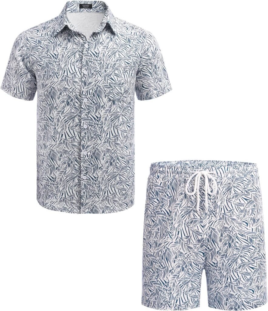 COOFANDY Men 2 Piece Linen Set Casual Short Sleeve Shirt and Short Beach Set