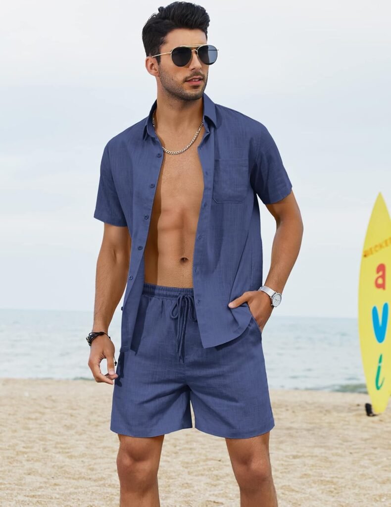 COOFANDY Men 2 Piece Linen Set Casual Short Sleeve Shirt and Short Beach Set