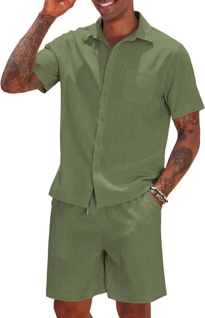 COOFANDY Men 2 Piece Linen Set Casual Short Sleeve Shirt and Short Beach Set