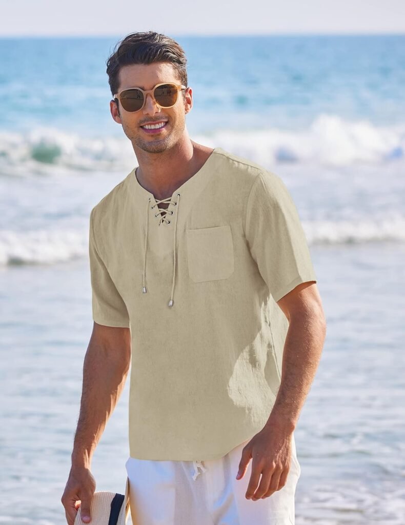 COOFANDY Men Casual Cotton Linen T Shirt Short Sleeve Beach Lace Up Hippie Shirt