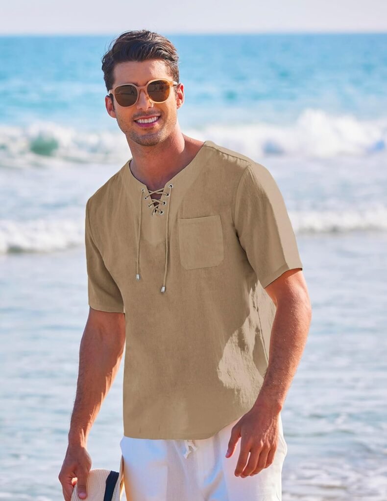 COOFANDY Men Casual Cotton Linen T Shirt Short Sleeve Beach Lace Up Hippie Shirt