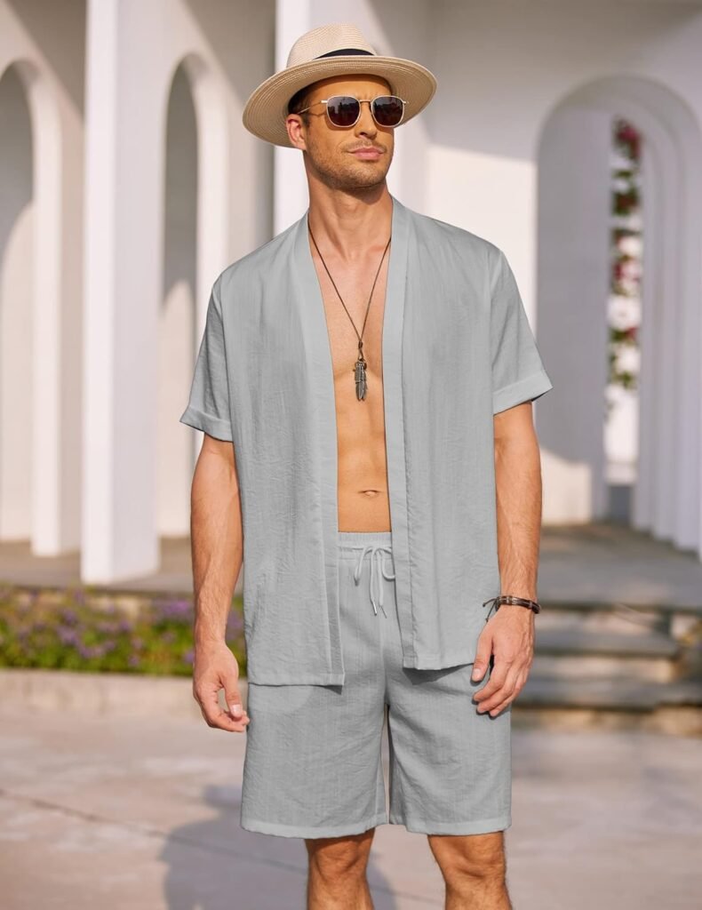 COOFANDY Men Sets Outfits 2 Piece Open Front Kimono Cardigan Short Sleeve and Shorts Lightweight Beach Holiday Kimono Jackets