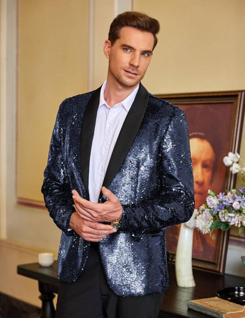 COOFANDY Men Shiny Sequin Blazer Tuxedo Party Dinner Prom One Button Suit Jacket