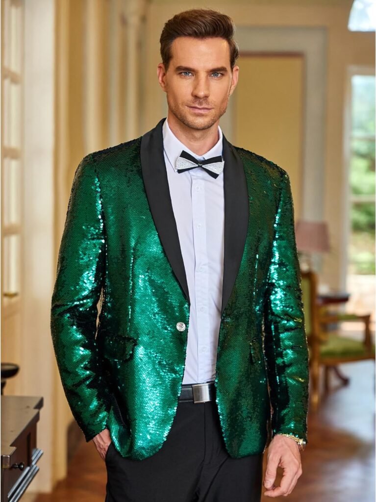 COOFANDY Men Shiny Sequin Blazer Tuxedo Party Dinner Prom One Button Suit Jacket