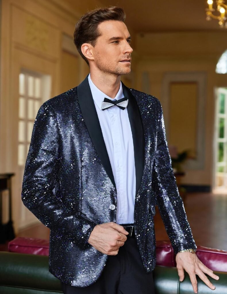 COOFANDY Men Shiny Sequin Blazer Tuxedo Party Dinner Prom One Button Suit Jacket