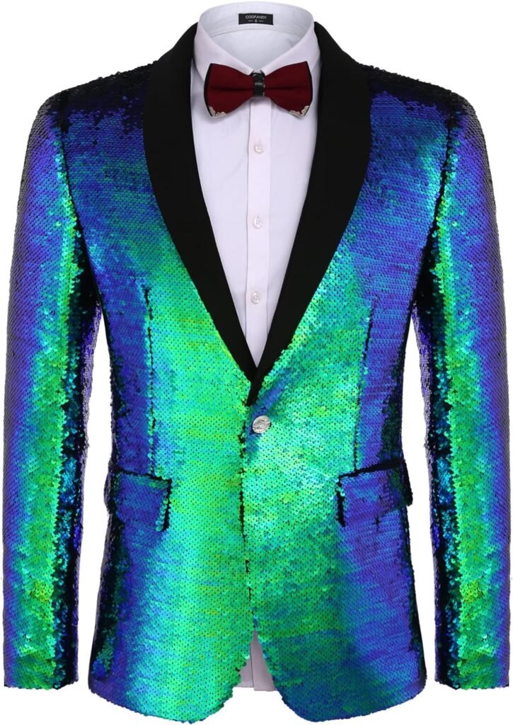 COOFANDY Men Shiny Sequin Blazer Tuxedo Party Dinner Prom One Button Suit Jacket