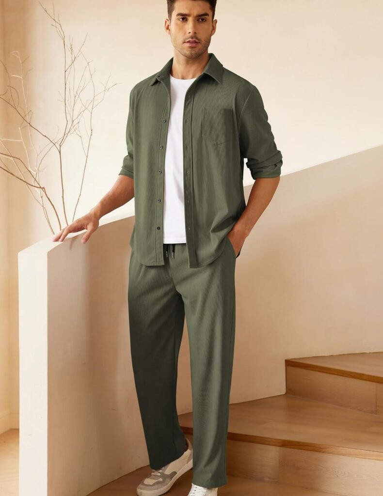 COOFANDY Mens 2 Piece Outfits Casual Track Suits Corduroy Button Down Shirts and Elastic Waistband Pant Sets