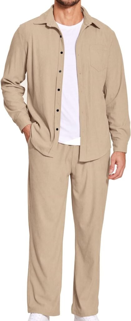 COOFANDY Mens 2 Piece Outfits Casual Track Suits Corduroy Button Down Shirts and Elastic Waistband Pant Sets