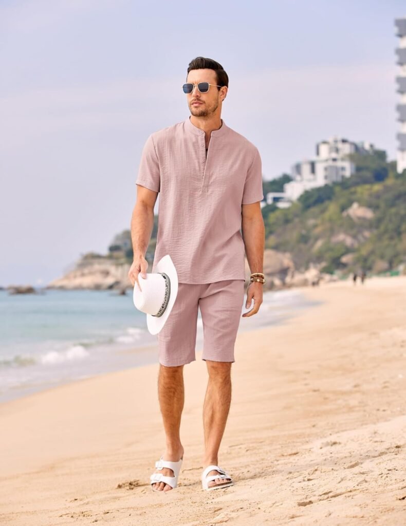 COOFANDY Mens 2 Pieces Linen Set Casual Henley Shirts Short Sleeve Beach Yoga Shorts Summer Pants Outfits