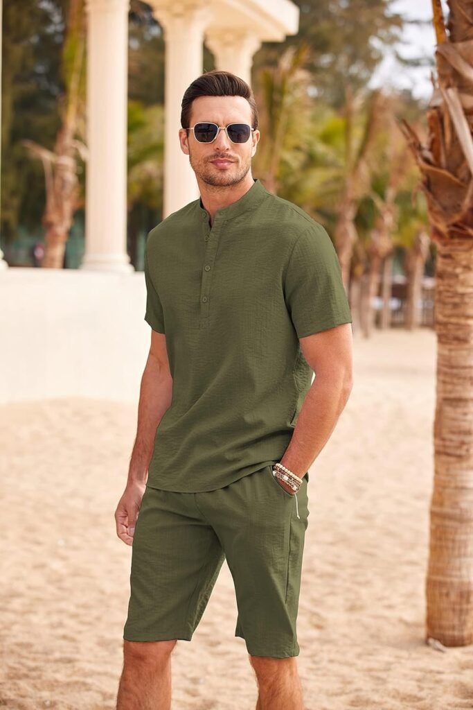 COOFANDY Mens 2 Pieces Linen Set Casual Henley Shirts Short Sleeve Beach Yoga Shorts Summer Pants Outfits