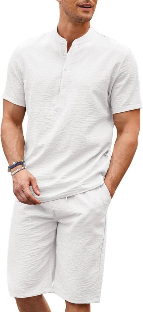 COOFANDY Mens 2 Pieces Linen Set Casual Henley Shirts Short Sleeve Beach Yoga Shorts Summer Pants Outfits