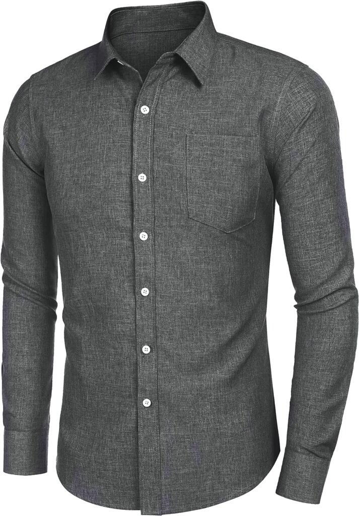 COOFANDY Mens Casual Button Down Shirt Long Sleeve Linen Chambray Shirt