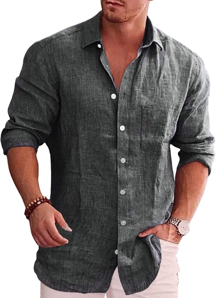 COOFANDY Mens Casual Button Down Shirt Long Sleeve Linen Chambray Shirt