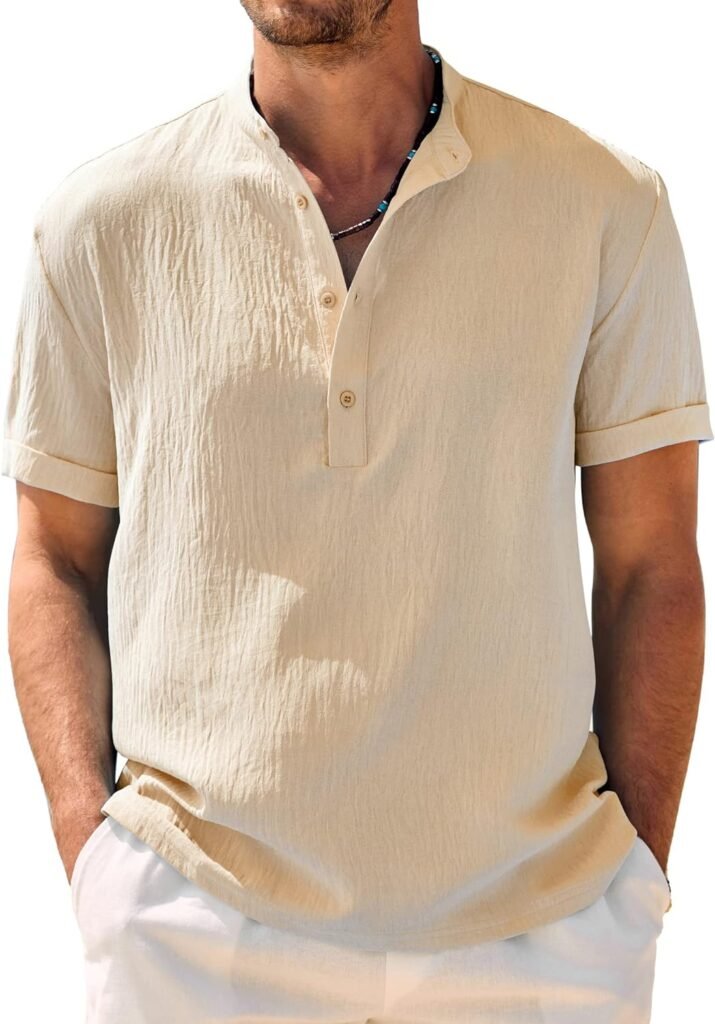 COOFANDY Mens Casual Henley Shirt Band Collar Short Sleeve Shirt Summer Beach Hippie Shirt