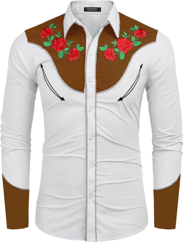 COOFANDY Mens Cowboy Shirts Embroidered Rose Design Shirt Western Long Sleeve Button Down Shirt