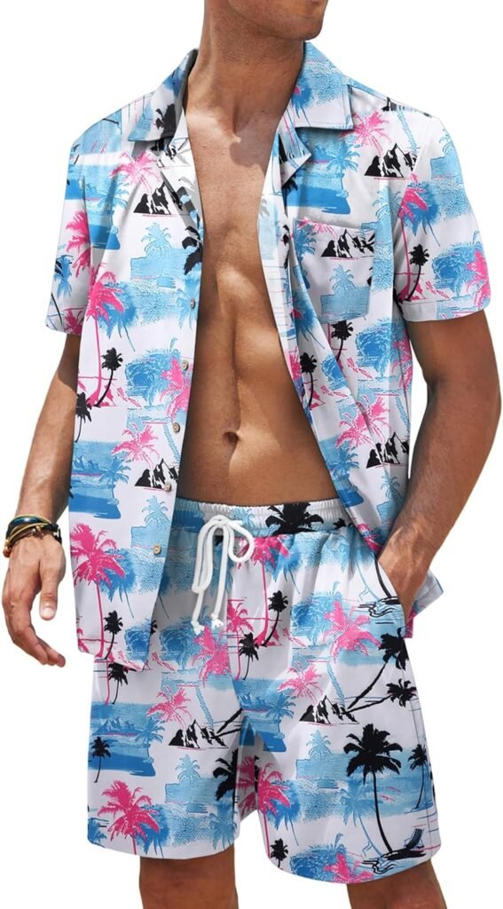 COOFANDY Mens Hawaiian Sets Casual Button Down 2 Piece Suit Floral Pattern Printed Summer Shirt for Vacation