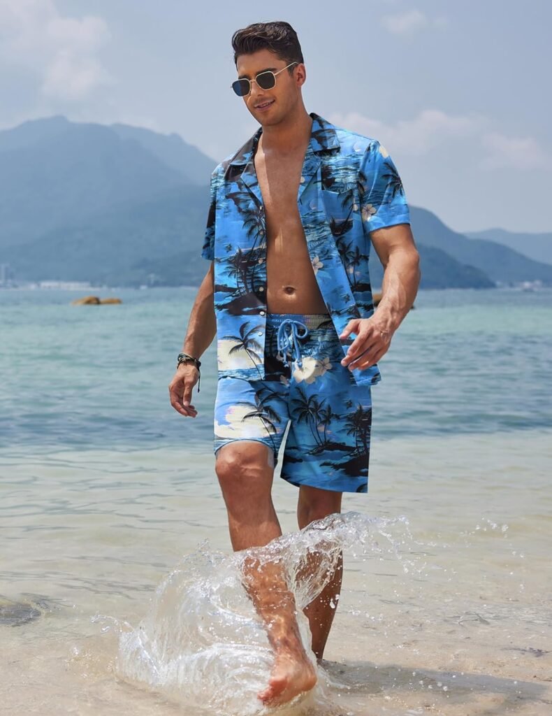 COOFANDY Mens Hawaiian Sets Casual Button Down 2 Piece Suit Floral Pattern Printed Summer Shirt for Vacation