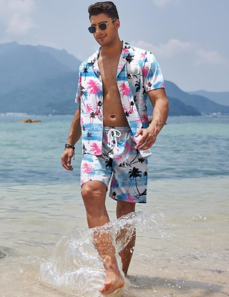 COOFANDY Mens Hawaiian Sets Casual Button Down 2 Piece Suit Floral Pattern Printed Summer Shirt for Vacation