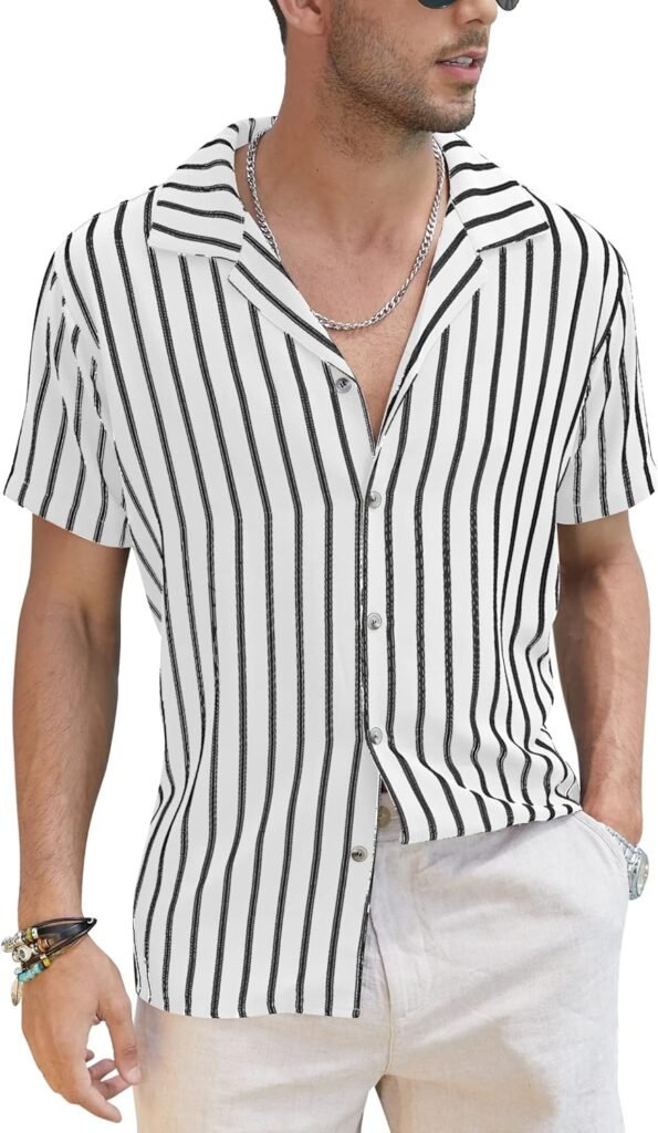 COOFANDY Mens Hawaiian Shirts Short Sleeve Striped Shirt Button Down Beach Shirts
