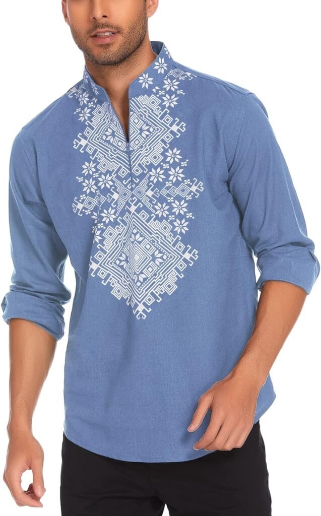 COOFANDY Mens Henley Shirt Long Sleeve Floral Print Casual Zip Up Cotton Beach Party Hippie T Shirt