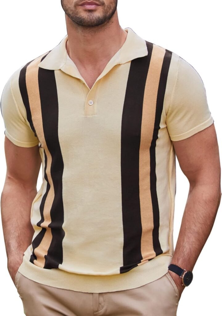 COOFANDY Mens Knit Polo Shirt Short Sleeve Vintage Striped Golf Shirt