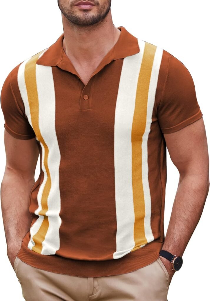 COOFANDY Mens Knit Polo Shirt Short Sleeve Vintage Striped Golf Shirt