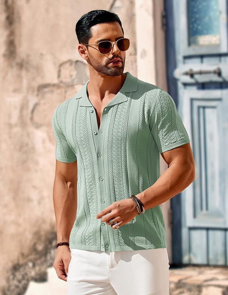 COOFANDY Mens Knit Shirts Vintage Short Sleeve Button Down Shirt Casual Summer Beach Shirt