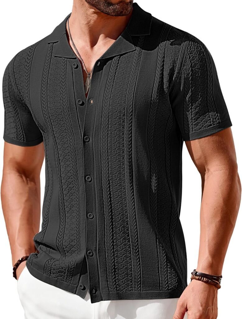 COOFANDY Mens Knit Shirts Vintage Short Sleeve Button Down Shirt Casual Summer Beach Shirt