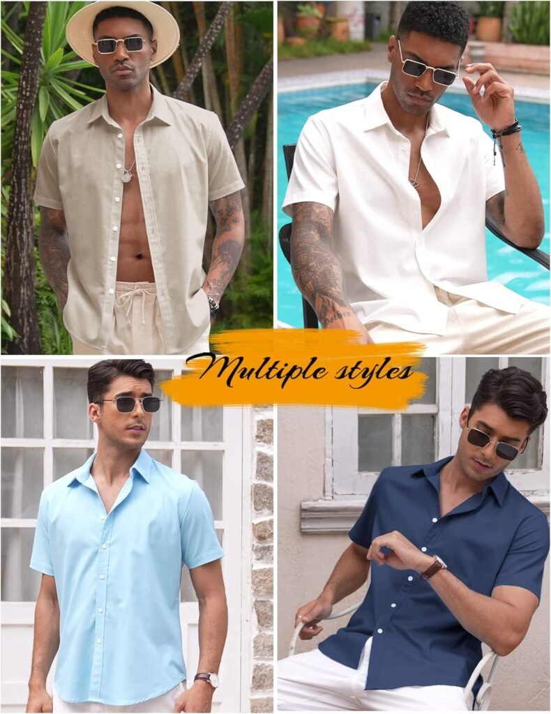 COOFANDY Mens Linen Casual Short Sleeve Shirts Button Down Summer Beach Shirt