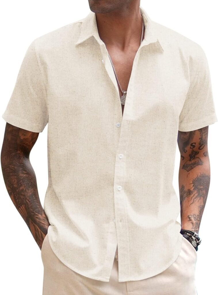 COOFANDY Mens Linen Casual Short Sleeve Shirts Button Down Summer Beach Shirt