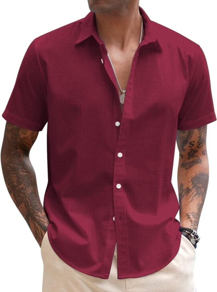 COOFANDY Mens Linen Casual Short Sleeve Shirts Button Down Summer Beach Shirt