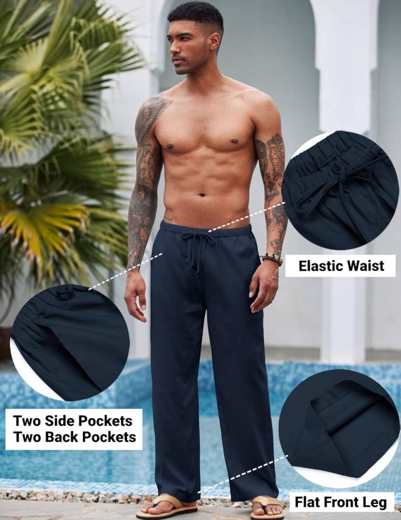 COOFANDY Mens Linen Drawstring Pants Elastic Waist Lightweight Trouser Casual Yoga Summer Beach Pant