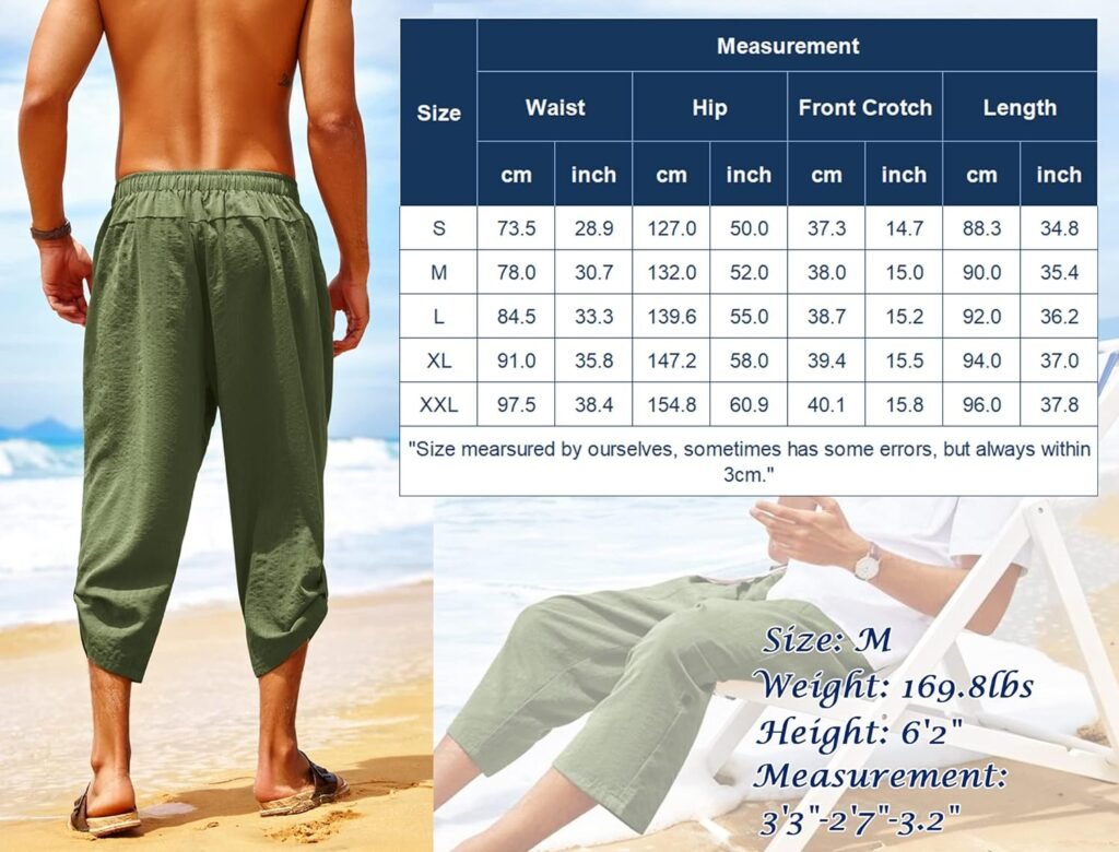 COOFANDY Mens Linen Harem Pants Casual Elastic Waist Capri Trousers Baggy Beach Yoga Pants with Pockets