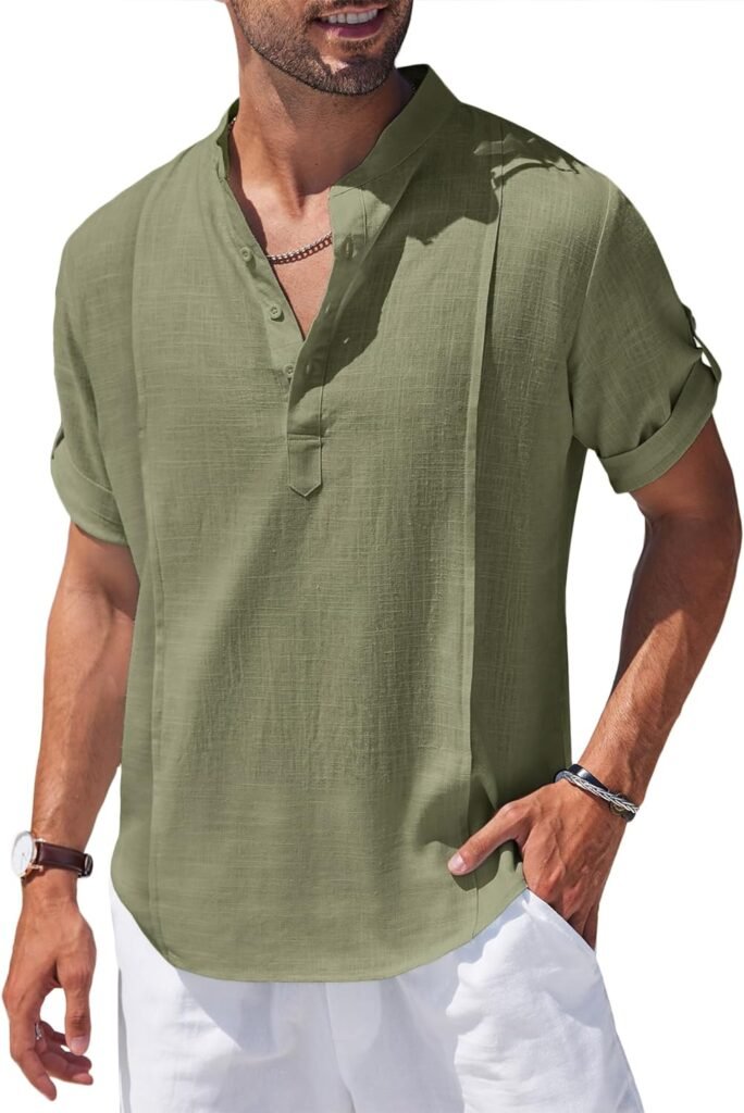 COOFANDY Mens Linen Henley Shirts Short Sleeve Casual Banded Collar Shirt Summer Beach Hippie T Shirts