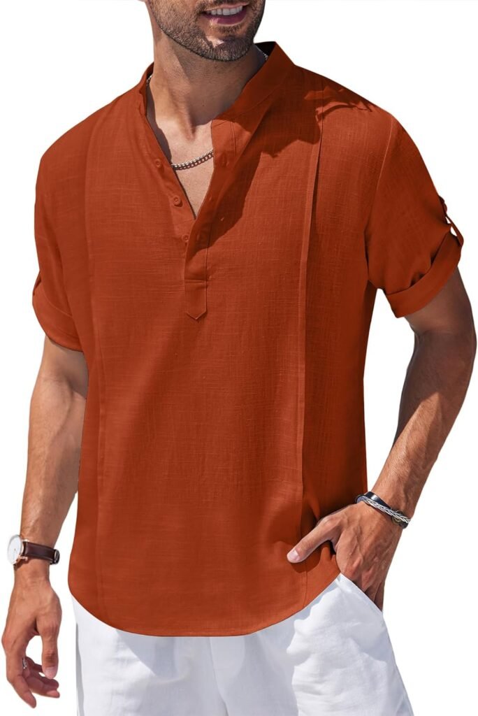 COOFANDY Mens Linen Henley Shirts Short Sleeve Casual Banded Collar Shirt Summer Beach Hippie T Shirts