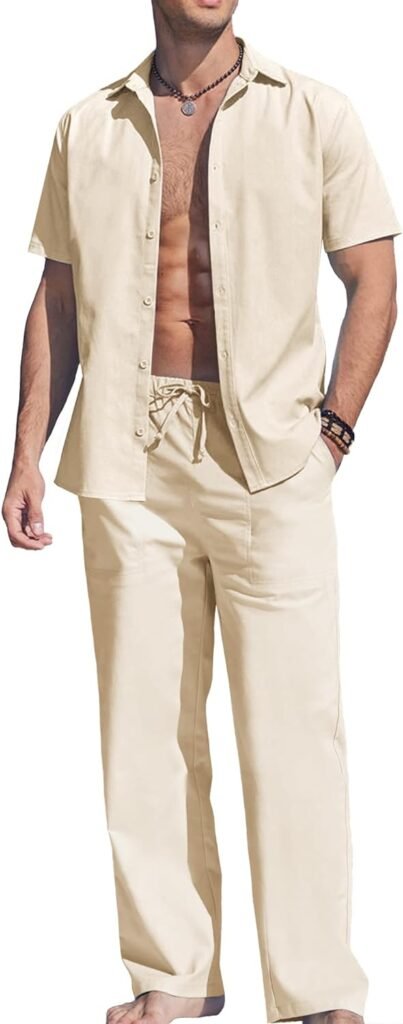 COOFANDY Mens Linen Set Beach 2 Pieces Casual Outfits Button Up Shirts Drawstring Pants