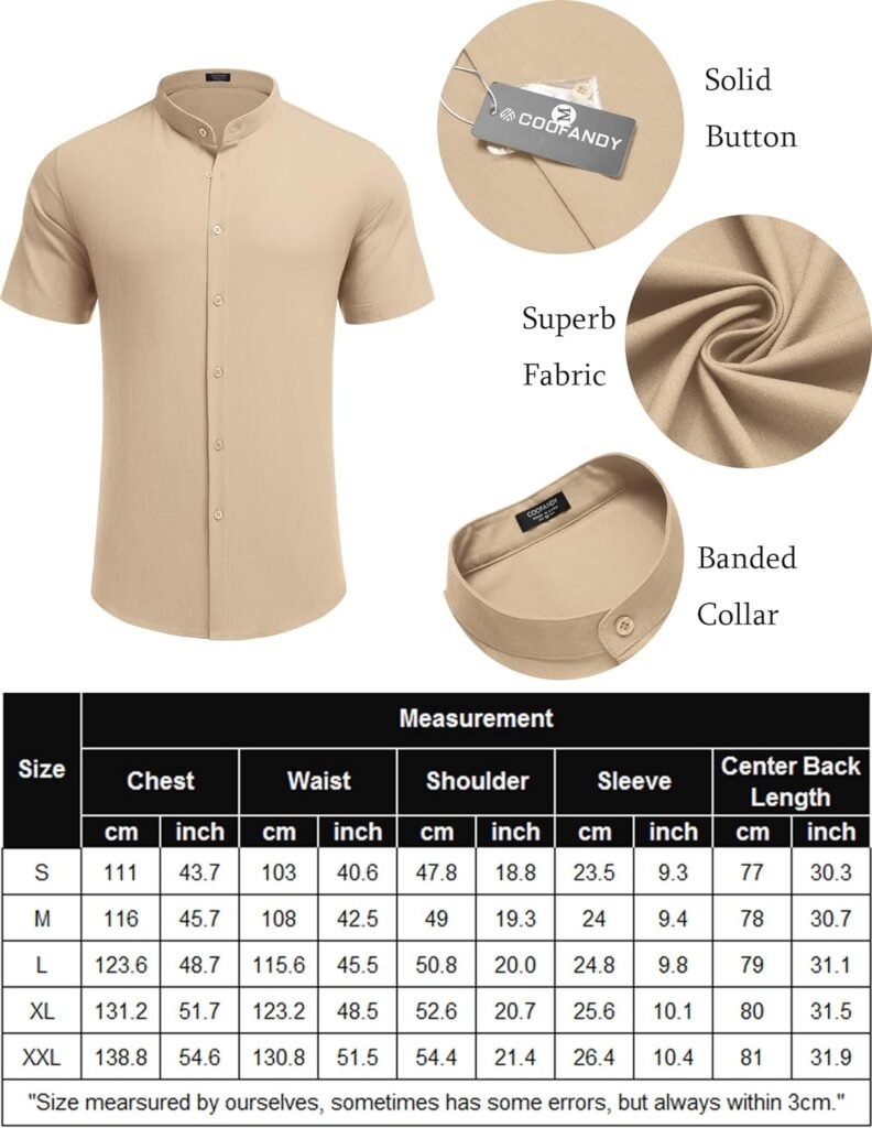 COOFANDY Mens Linen Shirt Beach Banded Collar Short Sleeve Button Down Shirt