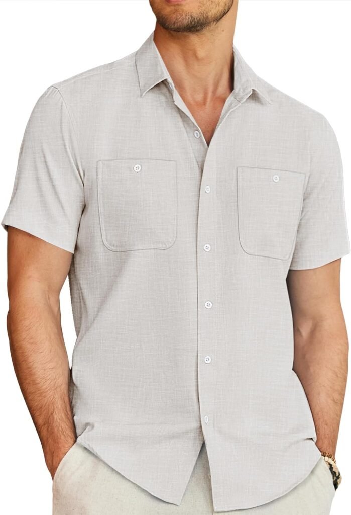 COOFANDY Mens Linen Shirts Beach Casual Button Down Short Sleeve Shirt Summer