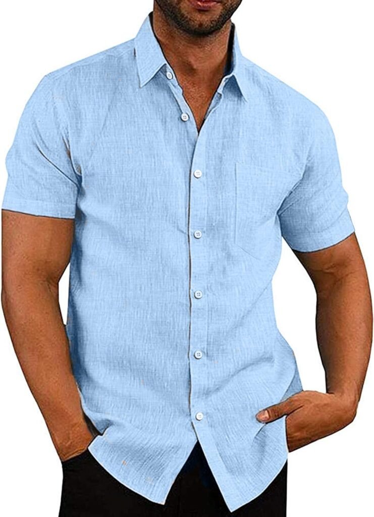 COOFANDY Mens Linen Shirts Casual Button Down Short Sleeve Summer Beach Dress Shirt