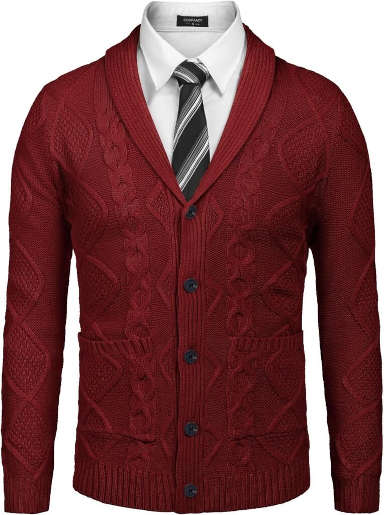 COOFANDY Mens Shawl Collar Cardigan Sweater Slim Fit Button Down Cable Knitted Sweater with Pockets