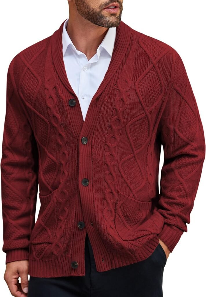 COOFANDY Mens Shawl Collar Cardigan Sweater Slim Fit Button Down Cable Knitted Sweater with Pockets