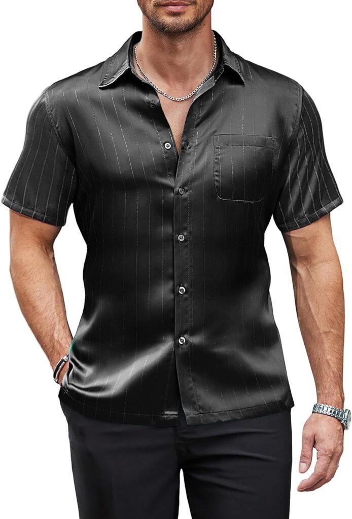 COOFANDY Mens Silk Short Sleeve Dress Shirts Casual Satin Button Up Shirts with Pocket Party Prom Wedding Black