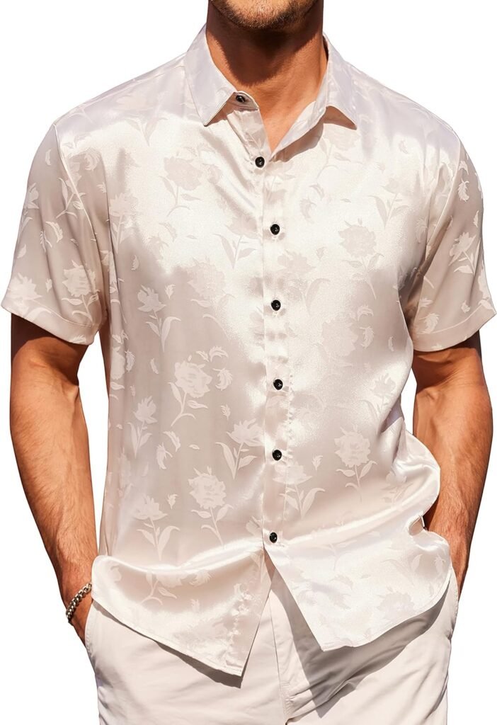 COOFANDY Mens Summer Jacquard Shirts Short Sleeve Silk Satin Casual Button Down Shirt Hawaiian Beach Tops