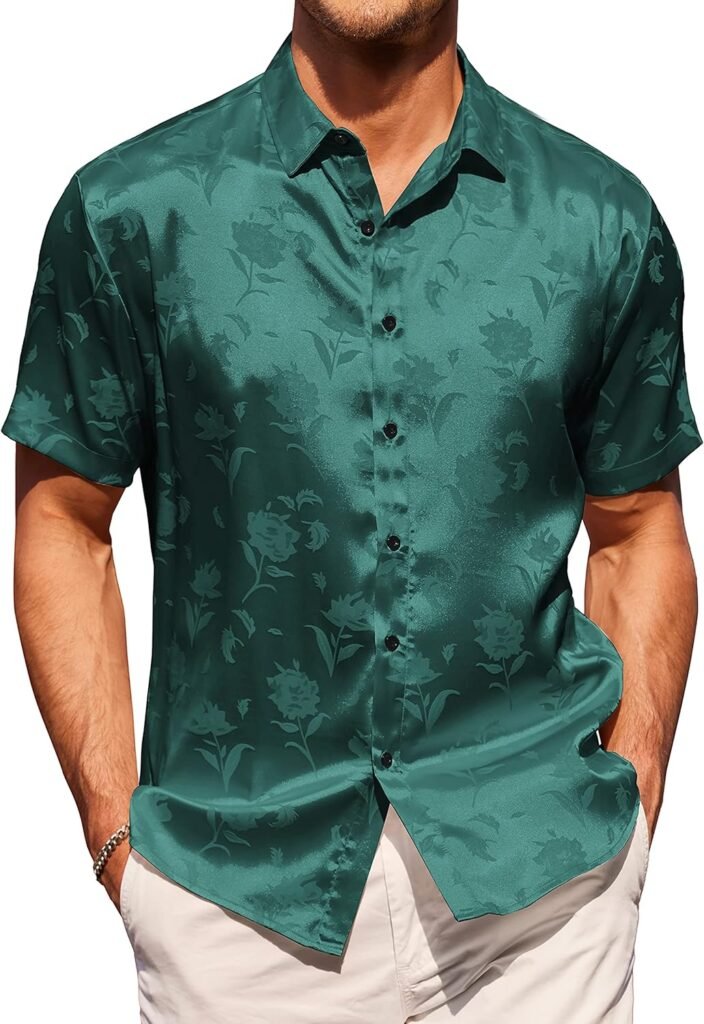 COOFANDY Mens Summer Jacquard Shirts Short Sleeve Silk Satin Casual Button Down Shirt Hawaiian Beach Tops