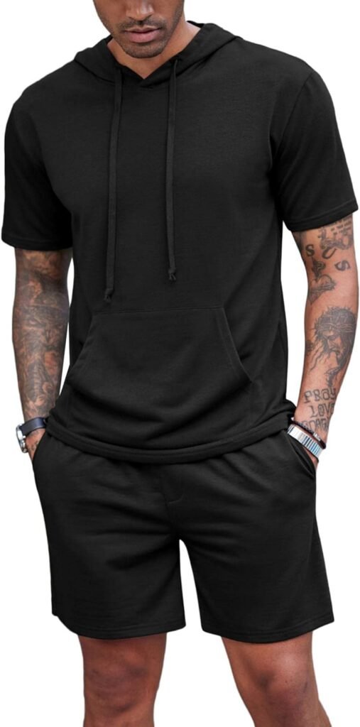 COOFANDY Mens Tracksuit 2 Piece Hooded Athletic Sweatsuit Short Sleeve Casual Sports Hoodie Shorts Set