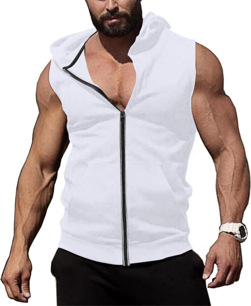 COOFANDY Mens Workout Hooded Tank Tops Zip Up Bodybuilding Fitness Muscle T Shirt Sleeveless Gym Hoodie