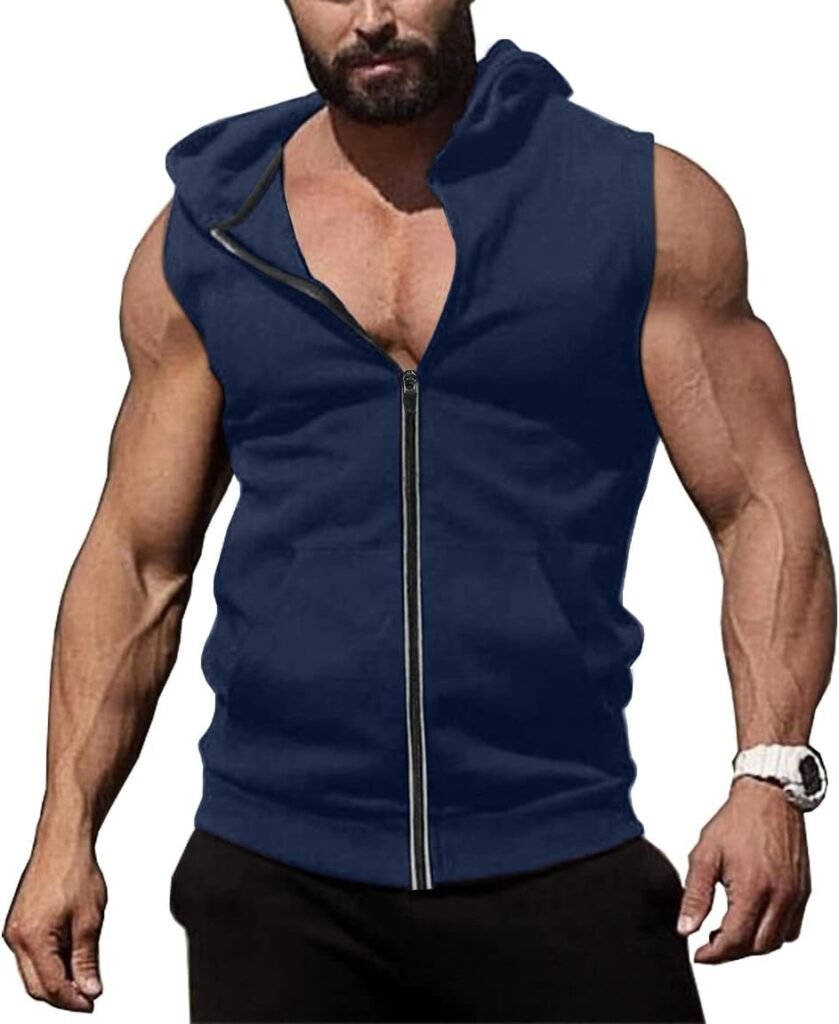 COOFANDY Mens Workout Hooded Tank Tops Zip Up Bodybuilding Fitness Muscle T Shirt Sleeveless Gym Hoodie