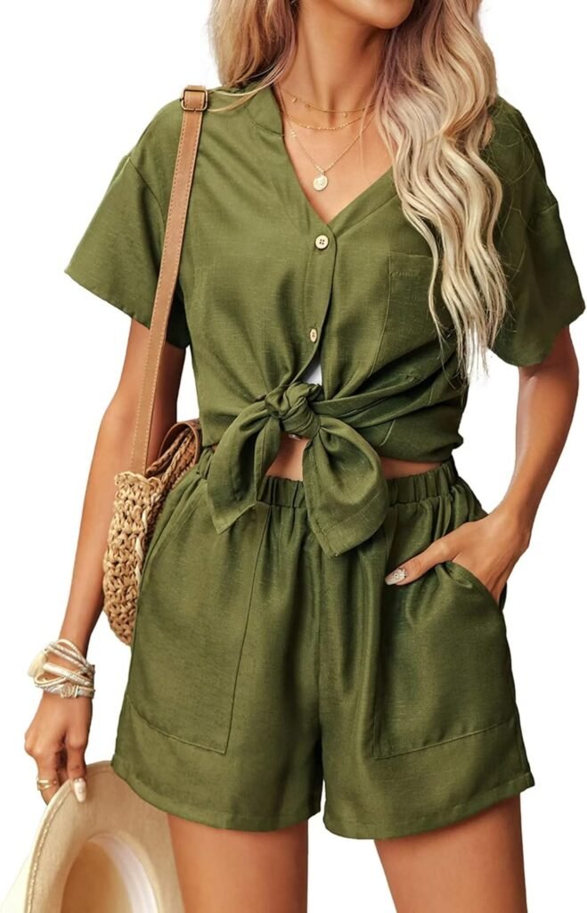 Ekouaer Womens Hawaiian 2 Piece Outfit Short Sleeve Button Down Shirt and Shorts Tracksuit Lounge Set